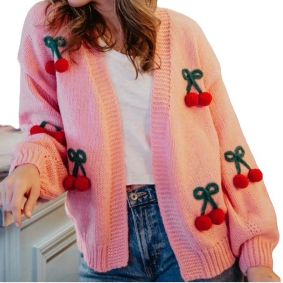 Luna Ivy Sweaters - Luna Ivy Viral Pink Open Front 3D Cherry Knit Cardigan Sweater XS
